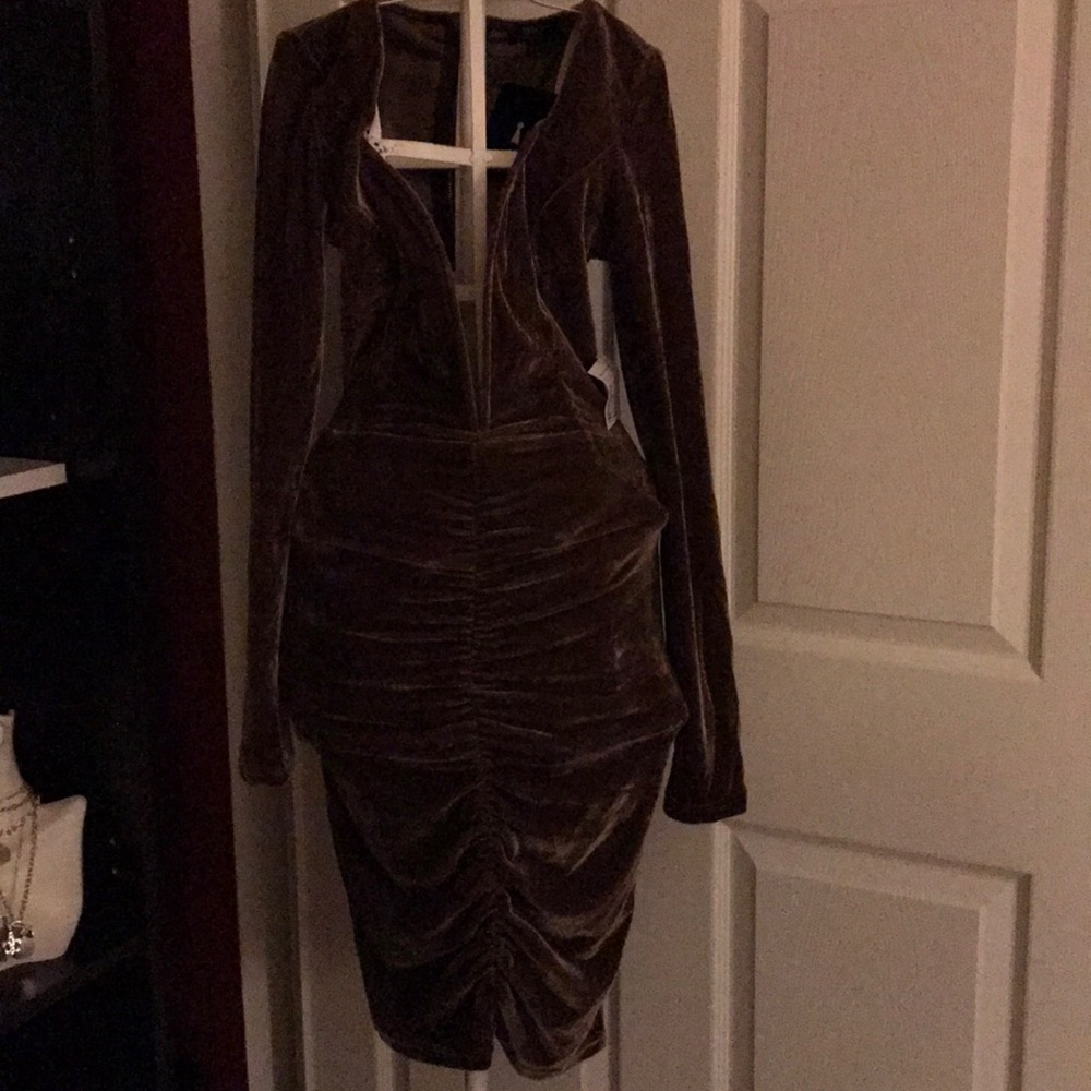 Brown velvet deep neck dress